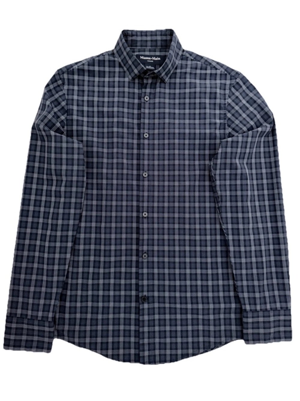 Mizzen + Main Navy Plaid Leeward Small Trim Fit No Tuck, Long Sleeve Shirt, EUC